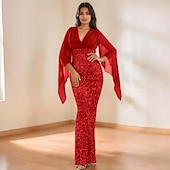 preiswerte Abendkleider-Meerjungfrau  Trompeten Abendkleid Elegantes Kleid Formelles Hochzeitsbodenlänges 3/4-Länge Ärmel V-Ausschnitt Chiffon mit Pailletten
