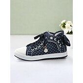 baratos Ténis de mulher-tênis feminino cano alto de lona com bolinhas – calçados jeans casuais com cadarço e charme floral, streetwear estiloso para uso diário e viagens
