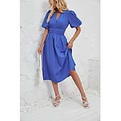 cheap Dresses-Retro Vintage 1950s Midi Dress Flare Dress Puff Sleeve Solid Color A-Line V Neck Women&#039;s Masquerade Wedding Vacation Tea Party Adults&#039; Dress
