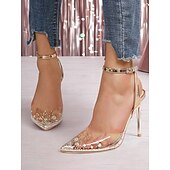 abordables Sandales de Robe-talons aiguilles transparents en or rose pour femmes – design slingback transparent avec accents en strass, parfait pour les soirées glamour, les mariages et les événements en soirée