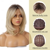 economico Parrucche trendy sintetiche-parrucche bionde per donne parrucca biondo chiaro ombré con frangia parrucca sintetica a strati di media lunghezza radici scure per feste quotidiane