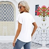 billige Plain t-skjorte-Dame Boho T-skjorte عادي Bohem søt stil Stilfull Kortermet Sommerfuglermer V-hals Vanlige topper Daglig Ut på byen Helg Drapering Svart Hvit Rosa Blå Fuksia Sommer