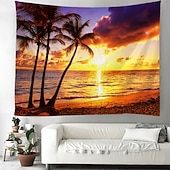 cheap Ocean Beach Tapestry-Landscape Sunset Beach Hanging Tapestry Wall Art Large Tapestry Mural Decor Photograph Backdrop Blanket Curtain Home Bedroom Living Room Decoration Palm Tree