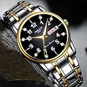 baratos Relógios Quartz-Relógio digital masculino de negócios, mostrador redondo com strass, à prova d&#039;água, luminoso, com pulseira de liga, multifuncional, fashion, relógio de quartzo para homens, presentes de lazer e