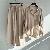 voordelige Blousepakken voor dames-Dames Modieus Streetwear Overhemd Broeken Sets Linnen broek Broeken Lange mouw Overhemdkraag Effen Kleur Trekkoord Alledaagse kleding Afspraakje Blozend Roze Khaki Grijs Lente Normale pasvorm