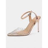 abordables Sandales de Robe-talons aiguilles transparents en or rose pour femmes – design slingback transparent avec accents en strass, parfait pour les soirées glamour, les mariages et les événements en soirée