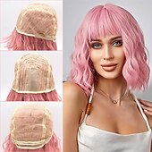 economico Parrucche trendy sintetiche-parrucca rosa per donna parrucca rosa bob con frangia, parrucche rosa chiaro corte e ondulate per costume cosplay