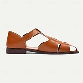 ieftine sandală de rochie-Sandale pentru bărbați din piele artificială maro, cu vârf deschis, cu curea cu cataramă reglabilă, stil casual pentru purtarea de zi cu zi