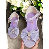economico Ragazza dei fiori-sandali da bambina con fiocco glitterato viola e accenti di perle, cinturino regolabile, perfetti per matrimoni, compleanni e occasioni speciali