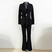 economico Tailleur pantalone della mamma-Completo madre della sposa a due pezzi elegante minimalista colletto camicia lunghezza al pavimento in tessuto elasticizzato manica lunga con volant colore solido 2025