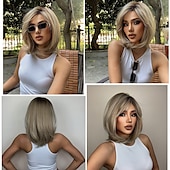 economico Parrucche trendy sintetiche-parrucche bionde per donne parrucca biondo chiaro ombré con frangia parrucca sintetica a strati di media lunghezza radici scure per feste quotidiane
