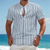 economico Geometrica-Per uomo Fantasia geometrica A strisce Camicia Camicia abbottonata Manica corta Moda Casual Da mare Per eventi Abbigliamento di strada Estate Primavera Colletto alla coreana Collare Henley Blu