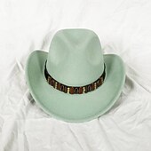 preiswerte Partykappen-Metallgürtel Western Cowboyhut Herren Herren Damen Jazz Cowboyhut mit Leder breiter Krempe Glockenhut Kirche Sombrero Cowgirl