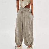 ieftine Pantaloni din bumbac simplu-pantaloni din bumbac și pânză pentru femei, îmbrăcăminte stradală la modă, confort, lungime, talie înaltă, șnur simplu, talie elastică, șnur confortabil în aer liber, ținută confortabilă de zi cu zi