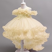 preiswerte Kleider für die Blumenmädchen-Blumenmädchenkleid Mädchen Formelle Kleidung Prinzessinenkleid Party Kleid Hochzeit Besondere Anlässe bezaubernd Süß Rüschen Zip Feste Farbe Kurzarm Rundhalsausschnitt Weiß Champagner 4-13 Jahre