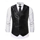 cheap Men&#039;s Vest-Men&#039;s Vest Waistcoat Gilet Performance Vacation Stage Fashion Casual Summer Spring Sequins Buttons Pocket Polyester Comfortable Plain Single Breasted One-button Lapel Regular Fit Silver Black Vest