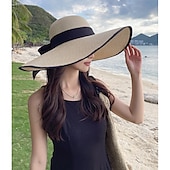 economico Accessori-cappello di paglia a tesa larga per donna, protezione solare estiva, cappello a tesa larga, cappello da spiaggia con fiocco da mare, cappello da sole