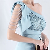 preiswerte BLAU-Meerjungfrau  Trompete Abendkleid Elegantes Kleid Formelles Abendparty Bodenlang Ärmellos Ein Schulter Spitze mit Schleife(n) Perlen Schlitz