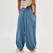 ieftine Pantaloni din bumbac simplu-pantaloni din bumbac și pânză pentru femei, îmbrăcăminte stradală la modă, confort, lungime, talie înaltă, șnur simplu, talie elastică, șnur confortabil în aer liber, ținută confortabilă de zi cu zi