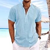 economico Vacanza-Per uomo Camicia Camicia di lino Camicia casual Camicia con Bottoni Camicia di cotone Semplice Vacanza Streetwear Nero Bianco Rosa Cachi Manica Corta Colletto alla coreana Estate Abbigliamento