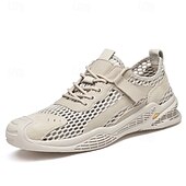 cheap Men&#039;s Sneakers-Men&#039;s Beige Mesh Sneakers with Lace-up &amp; Velcro Strap, Breathable Casual Sports Shoes for Summer