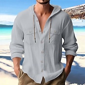 economico Vacanza-Per uomo Camicia camicia di lino Camicia estiva Camicia da spiaggia Liscio Da mare Informale Nero Bianco Blu marino Blu Manica lunga A fascia Primavera estate Abbigliamento