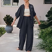 billiga Uppsättningar-Dam Mode Streetwear Skjorta Linneinspirerade set Tvådelade set Linne Byxor Byxor Långärmad Hög krage Ensfärgat Dagliga kläder Datum Marinblå Orange Vår Normal