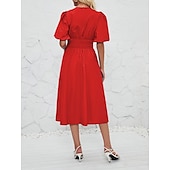 cheap Dresses-Retro Vintage 1950s Midi Dress Flare Dress Puff Sleeve Solid Color A-Line V Neck Women&#039;s Masquerade Wedding Vacation Tea Party Adults&#039; Dress