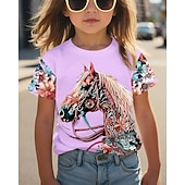 preiswerte Mädchen 3D Tiere-Mädchen 3D Grafik Pferd T-Shirt Kurzarm Sommer Frühling Mode Basic Kinder 4-12 Jahre Rundhalsausschnitt Lässig Täglich Outdoor Normale Passform