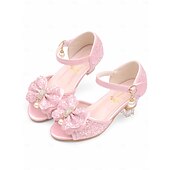 economico Ragazza dei fiori-sandali da bambina con fiocco glitterato viola e accenti di perle, cinturino regolabile, perfetti per matrimoni, compleanni e occasioni speciali