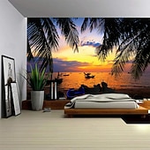 cheap Ocean Beach Tapestry-Landscape Sunset Beach Hanging Tapestry Wall Art Large Tapestry Mural Decor Photograph Backdrop Blanket Curtain Home Bedroom Living Room Decoration Palm Tree