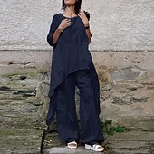 preiswerte Sets-Damen Streetwear Betrübt Hemd Baumwoll-Leinen-Sets Zweiteilige Sets Leinenhosen Hosen Hose Halbarm Rundhalsausschnitt Einfarbig Kordelzug Alltagskleidung Date Armeegrün Marineblau Khaki Sommer