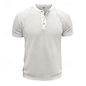 billige Uformell Henley T-skjorte-Herre Vaffel Henley-skjorte Henly-skjorte Strikk T-skjorte Kortermet Helfarge عادي Strikketøy Fritid hverdag Knapper Strikket Henley utendørs Avslappet Daglig Sommer Vår &amp; Vinter Svart Hvit Grå