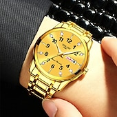 baratos Relógios Quartz-Relógio digital masculino de negócios, mostrador redondo com strass, à prova d&#039;água, luminoso, com pulseira de liga, multifuncional, fashion, relógio de quartzo para homens, presentes de lazer e