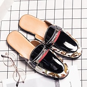 cheap Semi-Formal-Men&#039;s Slip-On Mules with Glossy Black Patent Leather and Floral Print Design, Adjustable Strap, Perfect for Casual and Fashionable Occasions