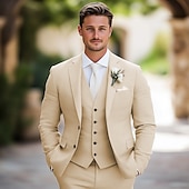 voordelige Casual pakken-Heren Trouwaanzuiten Linnen Khaki Mode Zomer Effen Kleur Tailored Fit 3-delig Enkel knop Twee knopen