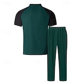 preiswerte Basic T-Shirts für Herren-Herren T-Shirt Anzüge T-Shirts und lange Hosen mit Kordelzug 2-teiliges Outfit Kurzarm Henley Sommer Frühling Farbblock Mode Lässig 2 teilig Urlaub Alltagskleidung Ausgehen Wein Grün Khaki Top