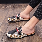 cheap Semi-Formal-Men&#039;s Slip-On Mules with Glossy Black Patent Leather and Floral Print Design, Adjustable Strap, Perfect for Casual and Fashionable Occasions