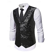 cheap Men&#039;s Vest-Men&#039;s Vest Waistcoat Gilet Performance Vacation Stage Fashion Casual Summer Spring Sequins Buttons Pocket Polyester Comfortable Plain Single Breasted One-button Lapel Regular Fit Silver Black Vest