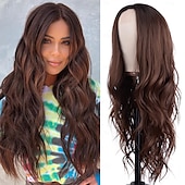economico Parrucche trendy sintetiche-parrucca ondulata lunga per donna con riga centrale parrucca lunga riccia resistente al calore capelli sintetici dall&#039;aspetto naturale, parrucca in fibra per uso quotidiano alle feste