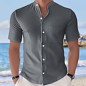 cheap Men&#039;s Button Up Shirts-Men&#039;s Shirt Summer Shirt Casual Shirt Beach Shirt Button Up Shirt Black White Yellow Pink Sky Blue Short Sleeve Plain Grandad Collar Stand Collar Vacation Hawaiian Buttons Clothing Apparel Fashion