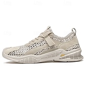 cheap Men&#039;s Sneakers-Men&#039;s Beige Mesh Sneakers with Lace-up &amp; Velcro Strap, Breathable Casual Sports Shoes for Summer
