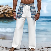 baratos Feriado-Homens Calças de linho Calças Calça verão Cintura elástica Com Cordão Perna reta Geométrica Conforto Respirável Comprimento total Casual Diário Feriado Férias Vintage Preto Branco