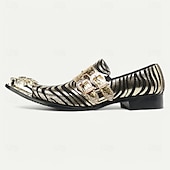 baratos Sapatos Sociais Elementares-Mocassins em Couro de Vaca Premium Masculinos com Padrão de Zebra Ousado e Design de Dupla Fivela com Ponta Dourada–Calçados Estilosos e Confortáveis para Ocasiões Formais e Fashion-forward