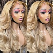 voordelige Pruiken van echt haar, met kanten voorzijde-Onverwerkt maagd haar 5x5 Sluiting 4x13 Sluiting Pruik Gratis deel Braziliaans haar Golvend Blond Pruik 130% 150% Haardichtheid met babyhaar Ombre-haar Haar met highlights / balayage lijmloze