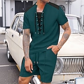 billiga Set med herr-T-shirts-Herr T-shirtkostymer 2 delar outfits T-shirt och shorts Kortärmad Rund halsringning Sommar Färgblock Mode Ledigt Snörning 2 st Semester Dagliga kläder Utekväll Svart Vit Vin Topp t-shirt för män
