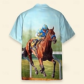 abordables Vintage Shirt-Kentucky Derby Men's Horse Racing Shirt Cuban Collar Shirt Short Sleeve Vintage Retro Vacation Holiday Festival Summer Spring Camp Collar Shirt 3D Print Funny Kentucky Derby Shirts Light Blue