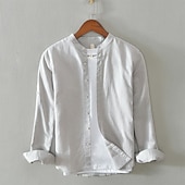 economico Casual da lavoro-Per uomo Camicia Camicia di lino Camicia casual Camicia con Bottoni Camicia di cotone Semplice Vacanza Camicia hawaiana Bianco Blu marino Cachi Grigio Manica Lunga Colletto alla coreana Primavera