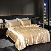 cheap Duvet Cover Sets-4 Pieces Satin Silk Bedding Set with Fitted Sheets Duvet Cover Sets Summer Solid Color Comforters Covers with 2 Pillowcases