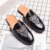 preiswerte Halbformell-Schwarze Slipper für Herren mit geprägtem Logo und goldenem Akzent, lässige flache Schuhe für den Alltag und das Büro